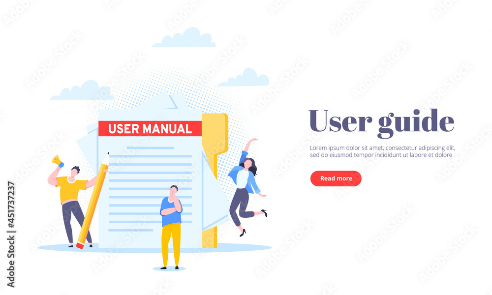 User manual guide book flat style design vector illustration. Tiny people and giant pencil working together with guide book. Specifications user guidance document. User manual guide book flat style design vector illustration. Tiny people and giant pencil working together with guide book. Specifications user guidance document.