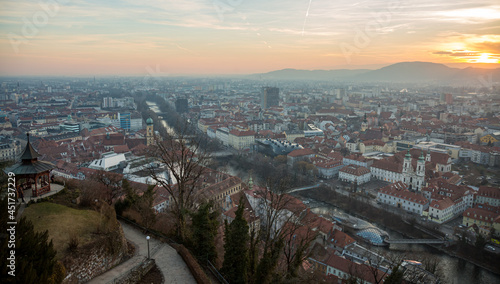 Graz Cityscape in Austria. Graz is the capital city of the southern Austrian province of Styria. At its heart is Hauptplatz  the medieval old town s main square. Beautiful Sunset Light.