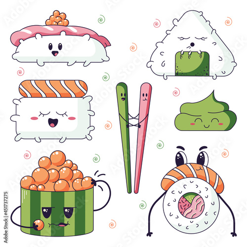 Kawaii sushi mix set with tuna, salmon, shrimp and other seafood isolated on a white background. Vector illustration in a flat style. Vector illustration