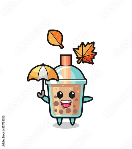 cartoon of the cute bubble tea holding an umbrella in autumn