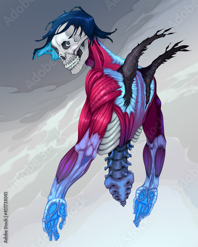 Portrait of a fallen angel with skull face. Vector horror illustration.
