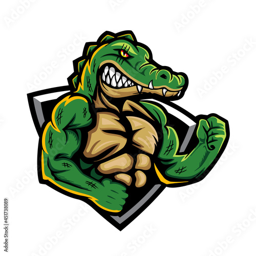 angry muscular alligator bodybuilder, vector, logo, cartoon, mascot, character