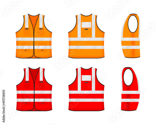 Safety reflective vest icon sign flat style design vector illustration set. Orange and red fluorescent security safety work jacket with reflective stripes. Front, side and back view road uniform vest.