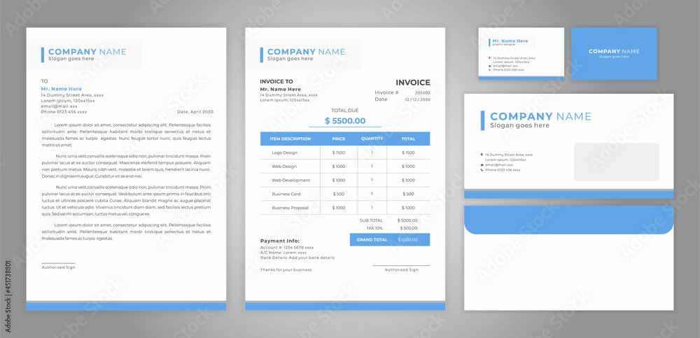 set of letter head, invoice, business card and envelope set of letter head, invoice, business card and envelope