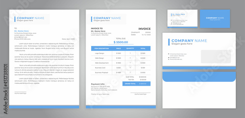 set of letter head, invoice, business card and envelope