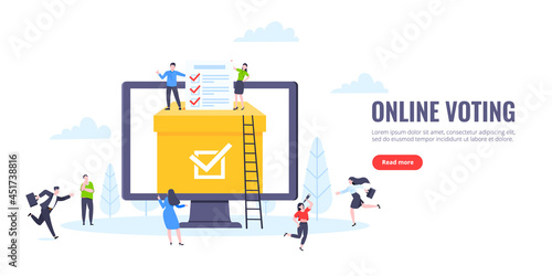 Online voting concept flat style design vector illustration. Tiny people with voting poll online survey working together. Concept of electronic voting modern system political competition and election.
