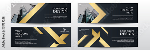 Set of abstract elegant template black and gold overlapping dimension on dark banner background luxury style