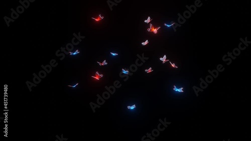 glowing red and blue butterflies fly on a black background. looped animation. 3d render