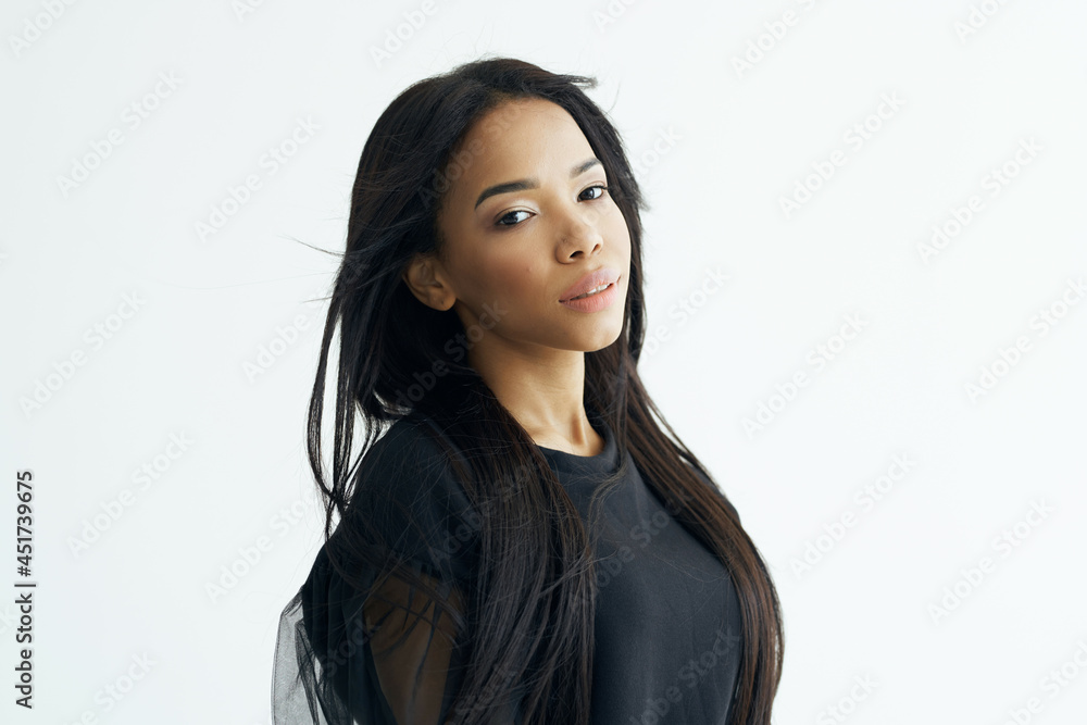 woman african appearance dark jacket model studio posing woman african appearance dark jacket model studio posing