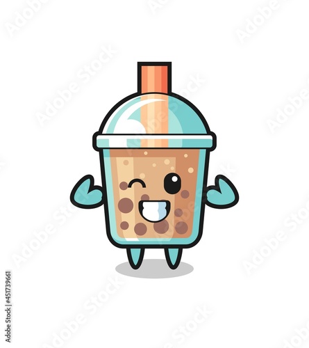 the muscular bubble tea character is posing showing his muscles