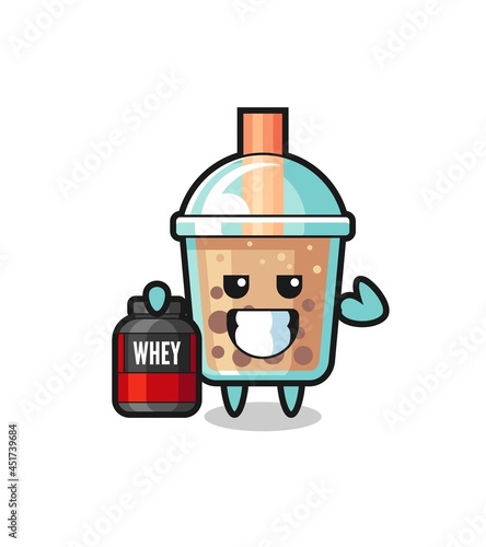 the muscular bubble tea character is holding a protein supplement