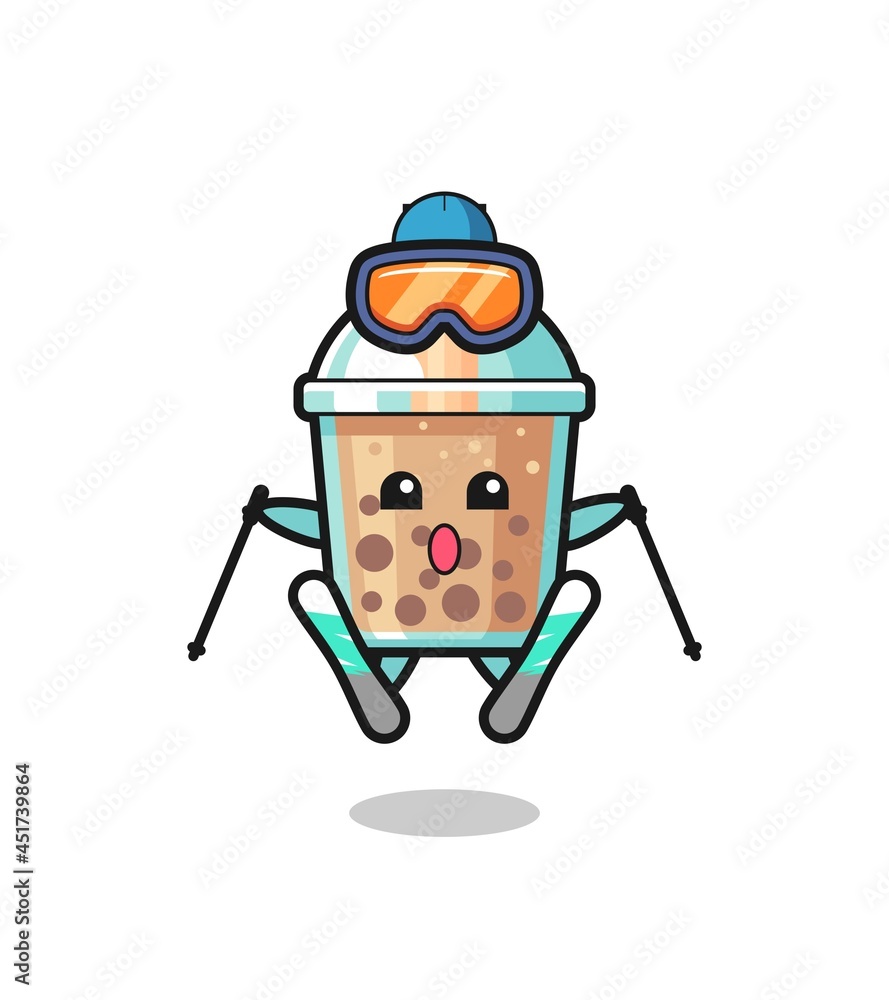 bubble tea mascot character as a ski player