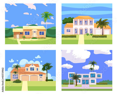 Residential Home Buildings in landscape tropic trees, palms. House exterior facades front view architecture family cottages houses or mansions apartments, villa. Suburban property