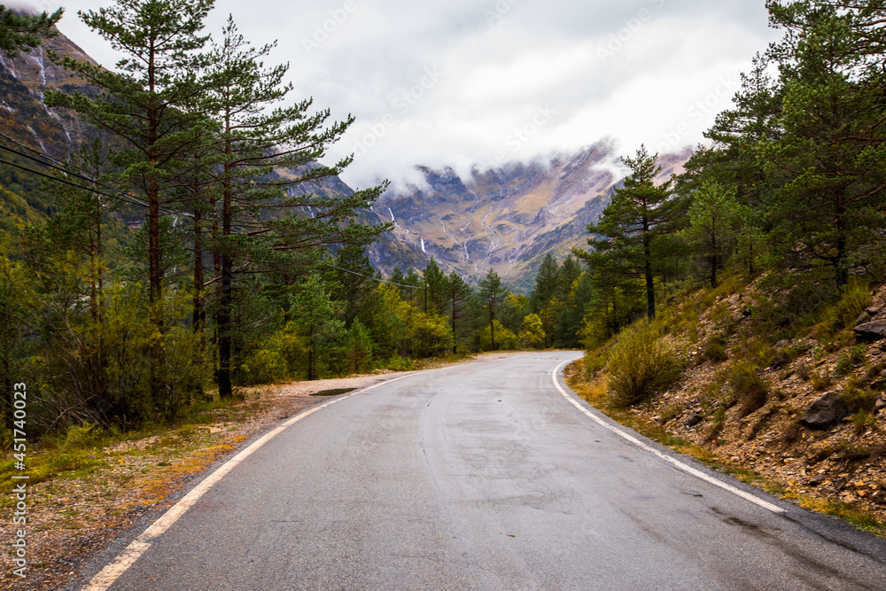 Autumn road in Ordesa and Monte Perdido National Park, Spain