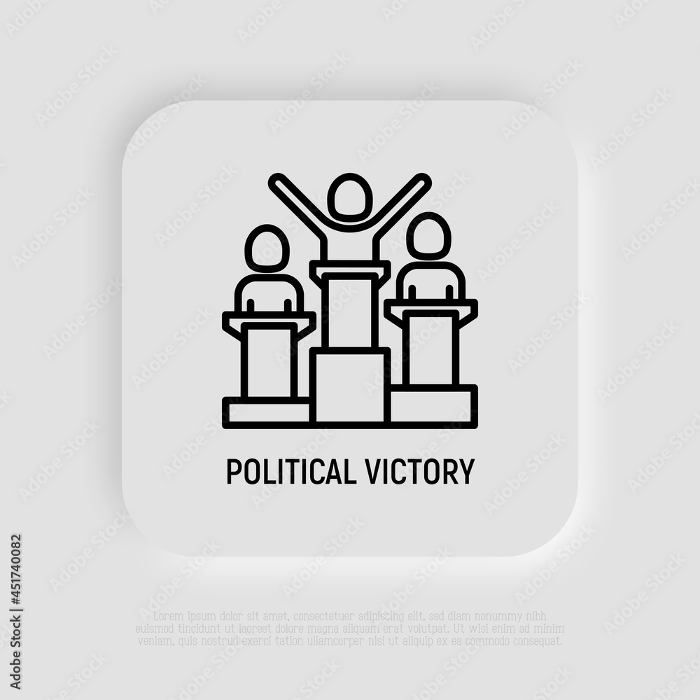 Political victory thin line icon, man at tribune with hands up. Modern vector illustration. Political victory thin line icon, man at tribune with hands up. Modern vector illustration.