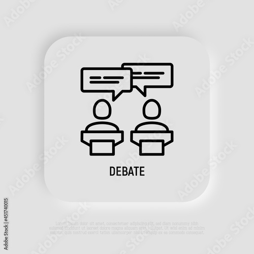 Debate thin line icon, two candidates are discussing politics. Modern vector illustration.