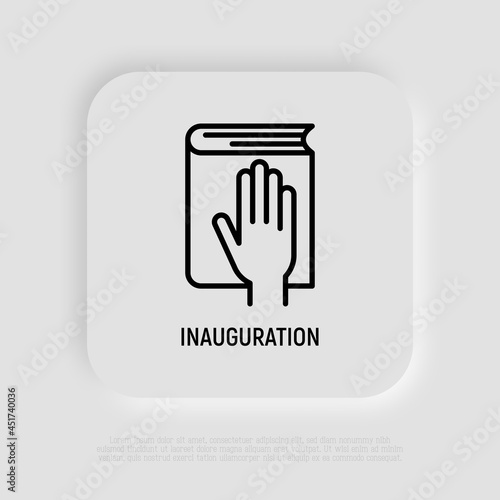 Hand on constitution thin line icon, oath on inauguration. Modern vector illustration.