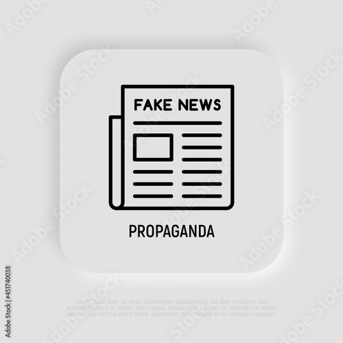 Newspaper with fake news. Thin line icon. Modern vector illustration of propaganda.
