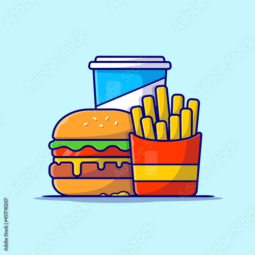 Burger, French fries And Soda Cartoon Vector Icon Illustration. Food Object Icon Concept Isolated Premium Vector. Flat Cartoon Style.