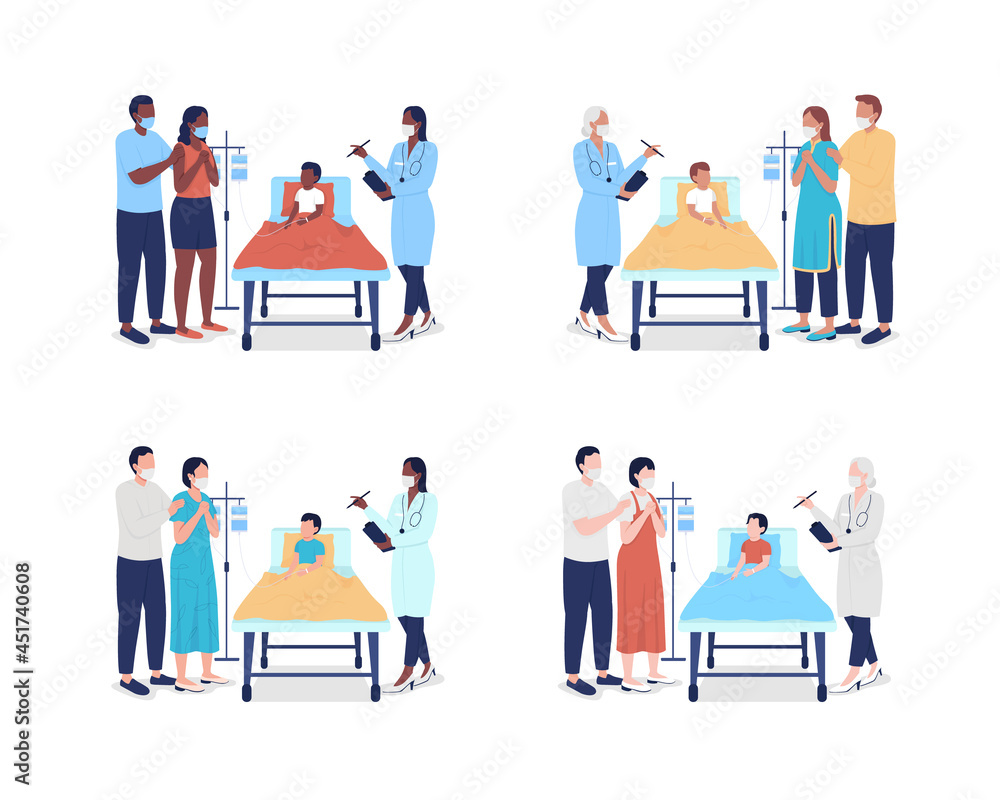 Pediatric emergency room semi flat color vector characters set. Full body people on white. Treating ill, trauma patients isolated modern cartoon style illustration for graphic design and animation