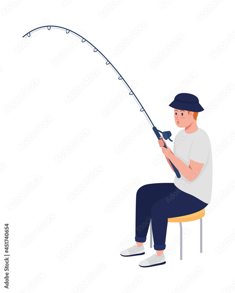 Eager teen angler with fishing rod semi flat color vector character. Full body person on white. Outdoor enthusiast isolated modern cartoon style illustration for graphic design and animation Eager teen angler with fishing rod semi flat color vector character. Full body person on white. Outdoor enthusiast isolated modern cartoon style illustration for graphic design and animation