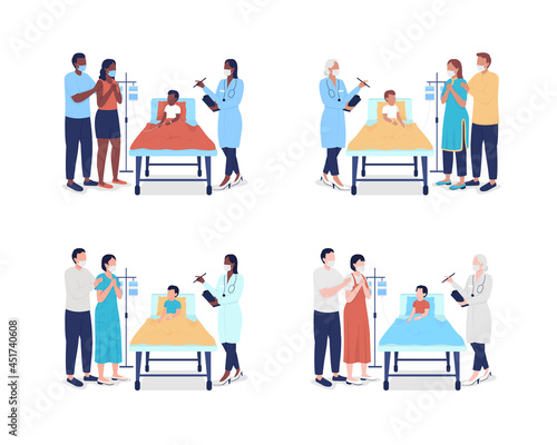 Pediatric emergency room semi flat color vector characters set. Full body people on white. Treating ill, trauma patients isolated modern cartoon style illustration for graphic design and animation