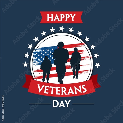 Happy veterans day with USA flag with soldier background