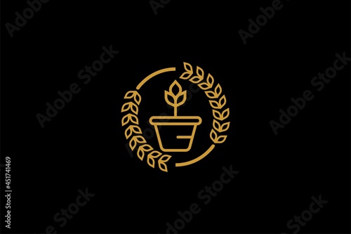 Plant pot logo design. Gardening illustration sign. Outline leaves and pot vector icons.