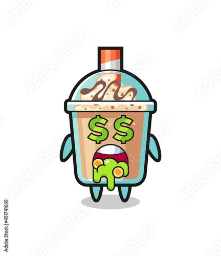 milkshake character with an expression of crazy about money