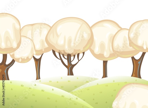 Fabulous sweet forest. Ice cream, drips of white milk cream. Trees with chocolate trunks. Cute hilly landscape for children. Isolated illustration. Vector
