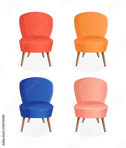 Set of cozy chairs on an isolated white background. Vector illustration of a home chair for the interior. Modern furniture for living room, bedroom, lobby. Icon, element.