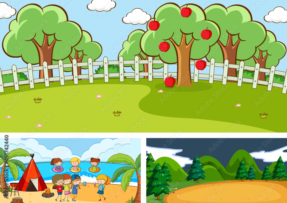Set of different horizontal scenes with doodle kids cartoon character