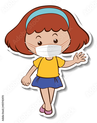 A sticker template with a girl wearing medical mask cartoon character