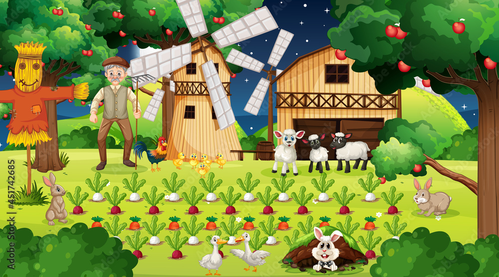 Fototapeta premium Farm scene at night with old farmer man and cute animals