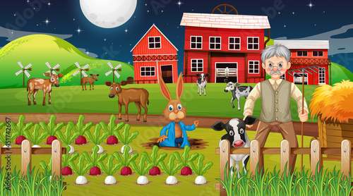 Farm at night scene with old farmer man and farm animals