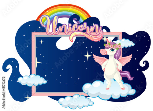 Empty banner with cute unicorn cartoon character on white background