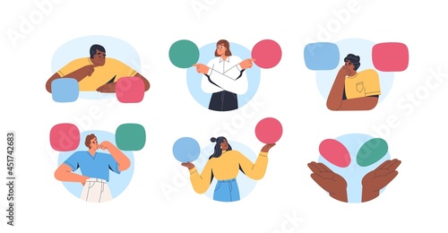 Set of confused pensive people making choice and decision. Men and women doubting, solving problems, choosing between two alternatives. Dilemma concept. Flat vector illustration isolated on white photo