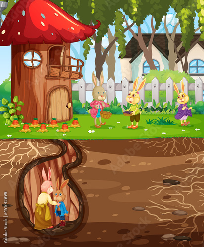 Underground rabbit hole with ground surface of the garden scene