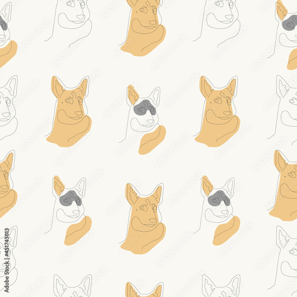 Seamless pattern with cute dogs of shepherd breed. Backdrop with adorable line pet animals on biege background. Flat line vector illustration.