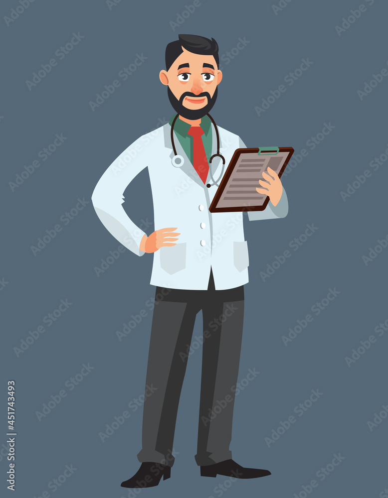 Doctor holding paper tablet. Man in cartoon style.