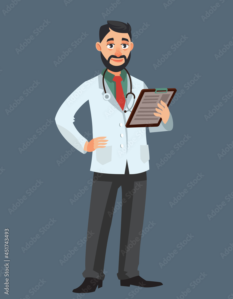 Doctor holding paper tablet. Man in cartoon style. Doctor holding paper tablet. Man in cartoon style.