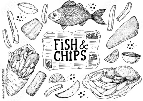 Fish and chips sketch vector illustration. British pub food. Hand drawn sketch. Cooking fish and chips. Engraved hand drawn vintage image. Menu design template.