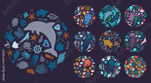 Mega bundle. Summer time graphic. Round maritime concept collection. Flat vector illustration with isolated silhouettes.