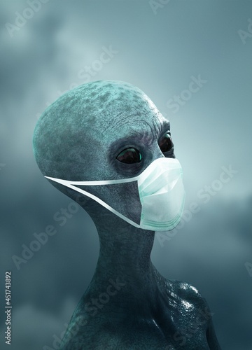 Alien wearing a face mask, illustration photo