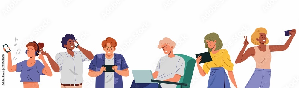 People using gadget with different poses and expressions. Man and women holding a smartphone to texting, read online news, chatting, play games, social media, usability. Flat style vector illustration
