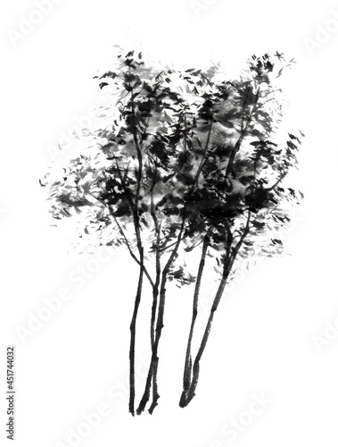 水墨画技法で描かれた木々