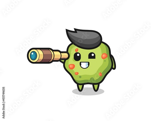 cute puke character is holding an old telescope