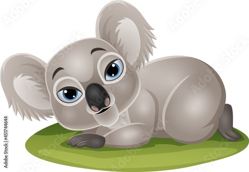 Cartoon funny baby koala lying down in the grass
