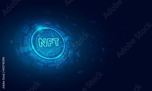 Non-fungible token (NFT) coin.Bluie abstract technology background.