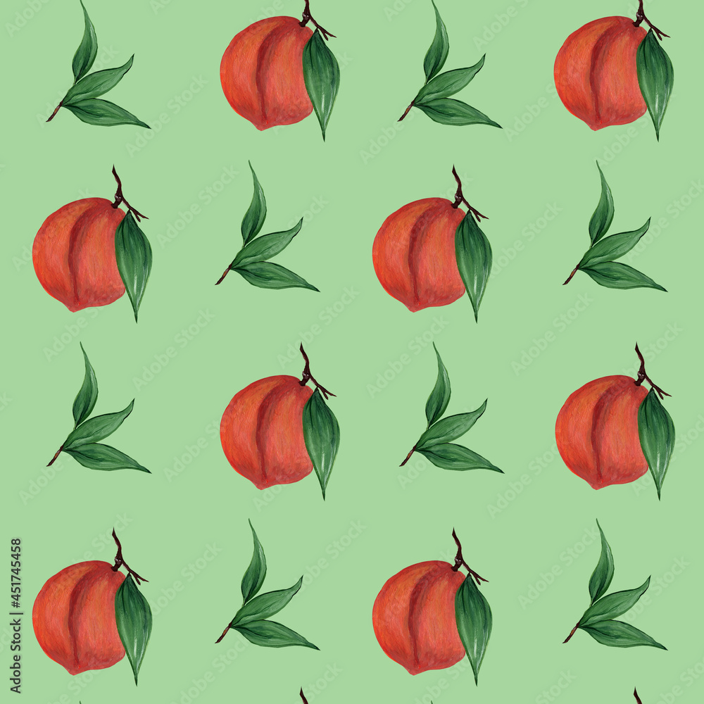 Ripe juicy peaches, nectarines and leaves on a gentle green background. Seamless pattern. Watercolor illustration. Summer fruits. For printing on fabric.